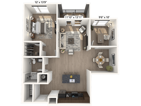 Floor plan for 1 bed, 1 bath, 1058 sqft