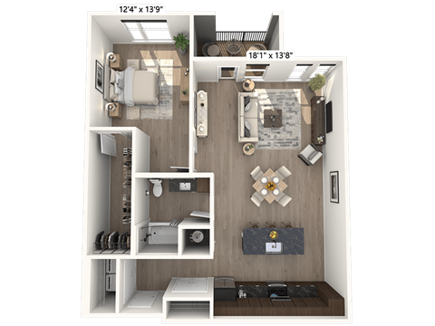 Floor plan for 1 bed, 1 bath, 1051 sqft