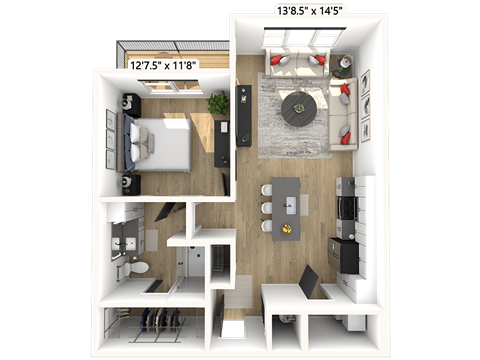 Floor plan for 1 bed, 1 bath, 750 sqft