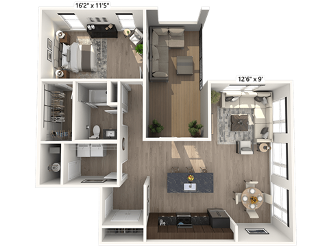 Floor plan for 1 bed, 1 bath, 1085 sqft
