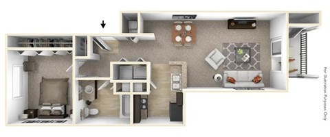 Floor plan for 1 bed, 1 bath, 727 sqft
