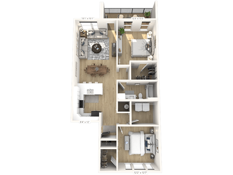 Floor plan for 2 beds, 1 bath, 1067 sqft