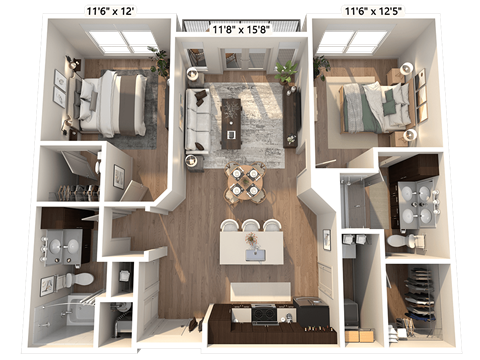 Floor plan for 2 beds, 2 baths, 1091 sqft