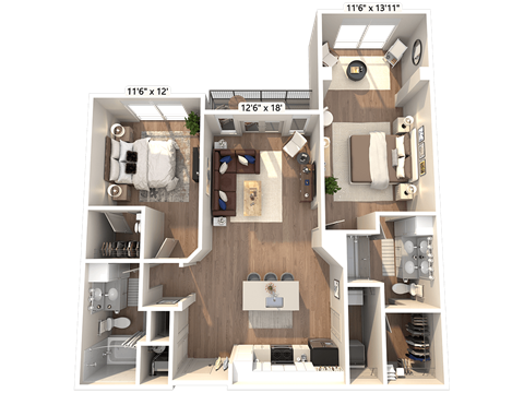 Floor plan for 2 beds, 2 baths, 1212 sqft