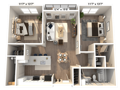 Floor plan for 2 beds, 1 bath, 1017 sqft