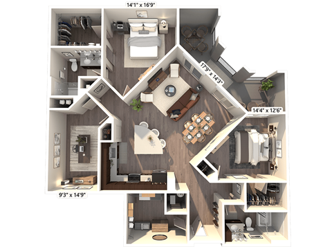 Floor plan for 2 beds, 2 baths, 1467 sqft