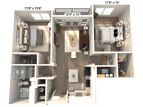Floor plan for 2 beds, 1 bath, 961 sqft