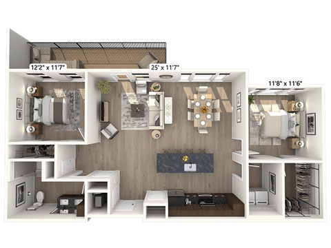 Floor plan for 2 beds, 1 bath, 1163 sqft