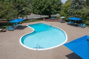 Wixom apartment for rent - A large outdoor swimming pool surrounded by trees and lounge chairs.