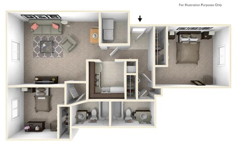 Floor plan for 2 beds, 2 baths, 975 sqft