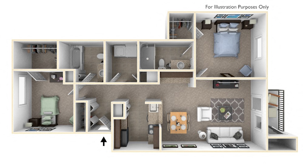 Floor plan for 2 beds, 2 baths, 1155 sqft