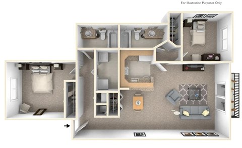 Floor plan for 2 beds, 2 baths, 975 sqft