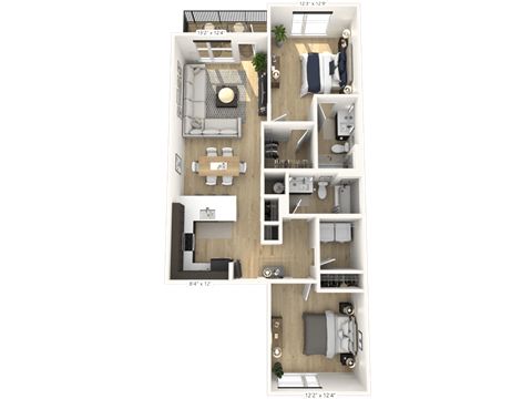 Floor plan for 2 beds, 2 baths, 1106 sqft