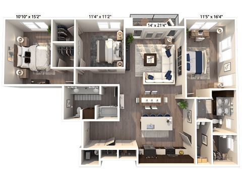 Floor plan for 3 beds, 2 baths, 1559 sqft