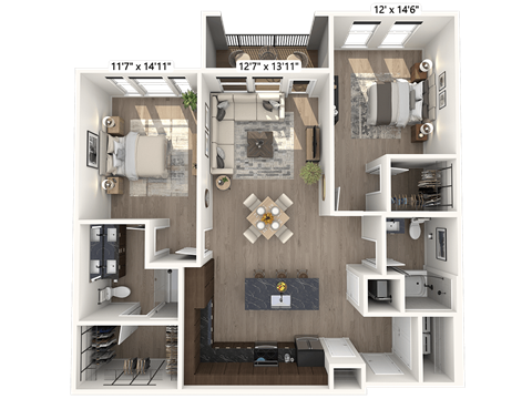 Floor plan for 2 beds, 2 baths, 1250 sqft