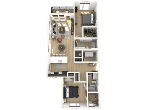 Floor plan for 2 beds, 2 baths, 1252 sqft