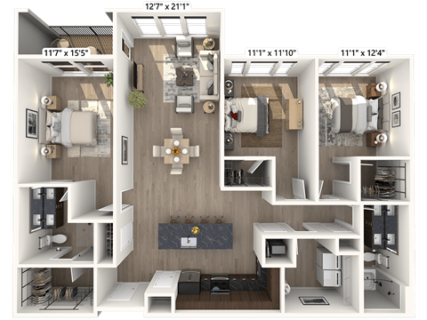 Floor plan for 3 beds, 2 baths, 1585 sqft