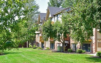 A group of houses with trees in front of them