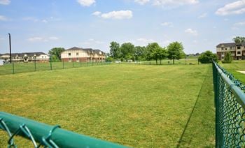 The view of a fenced in field with houses in the background