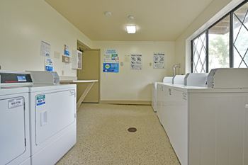 A washer and dryer room with washing machines and dryers in a room