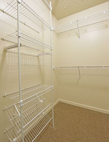 A closet with empty shelves in a room with white walls and carpet
