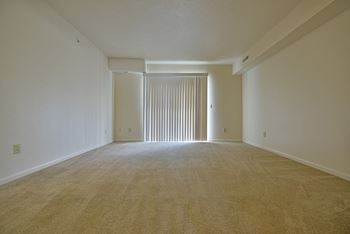 An empty living room with white walls and a sliding glass door