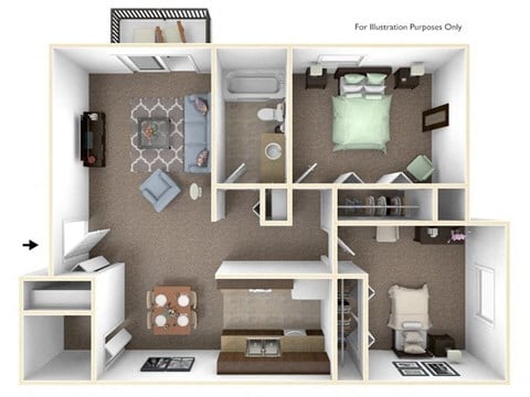 Floor plan for 2 beds, 1 bath, 860 sqft