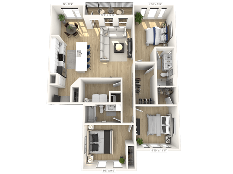 Floor plan for 3 beds, 2 baths, 1541 sqft