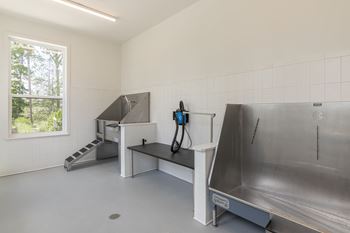 A clean, empty room with a large sink and a window.
