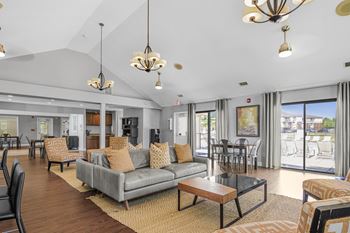 A living room with a grey couch