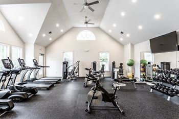 Cardio and resistance gym with free weights treadmills bicycles and a tv