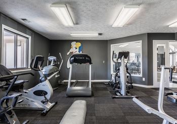 A fitness center with treadmills and other exercise equipment