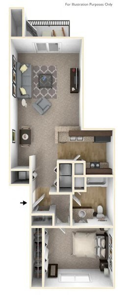 Floor plan for 1 bed, 1 bath, 761 sqft