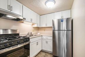 Elkhart apartment for rent - studio kitchen with stainless steel appliances and white cabinets at Old Farm Apartments, Elkhart, Indiana
