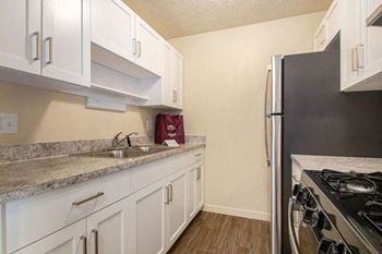 Kitchen with stainless steel appliances and shaker-style cabinets