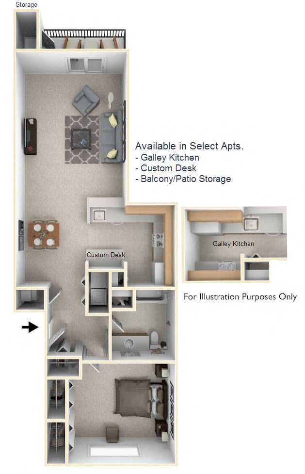Floor plan for 1 bed, 1 bath, 750 sqft