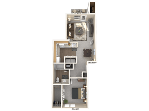 Floor plan for 1 bed, 1 bath, 707 sqft