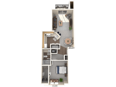 Floor plan for 1 bed, 1 bath, 724 sqft