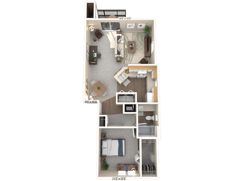 Floor plan for 1 bed, 1 bath, 842 sqft