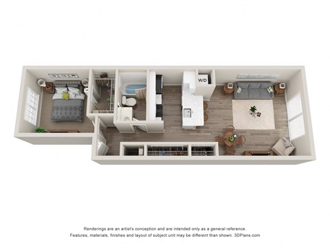 Floor plan for 1 bed, 1 bath, 740 sqft
