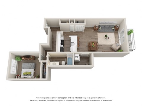 Floor plan for 1 bed, 1 bath, 740 sqft