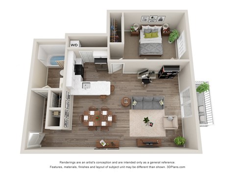 Floor plan for 1 bed, 1 bath, 770 sqft