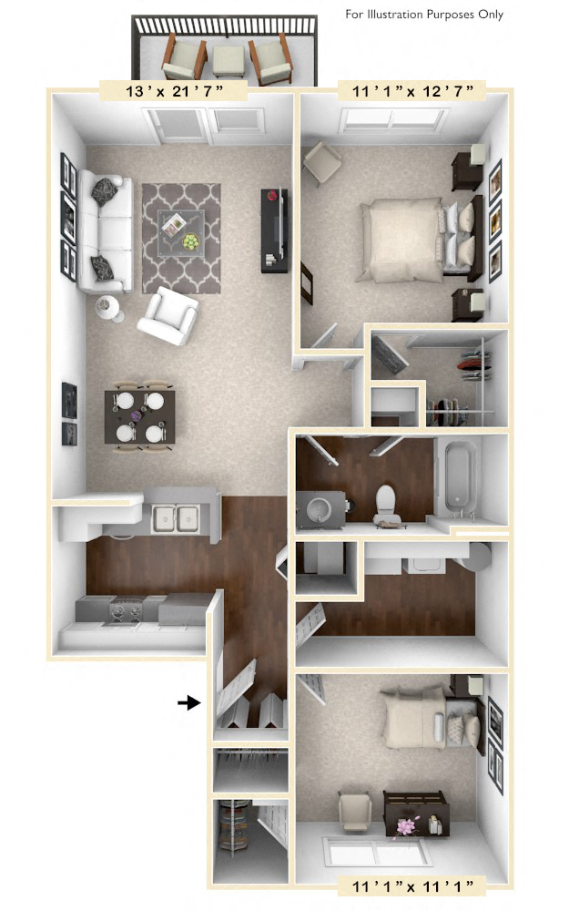 Floor plan for 2 beds, 1 bath, 974 sqft