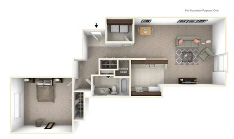 Floor plan for 1 bed, 1 bath, 790 sqft