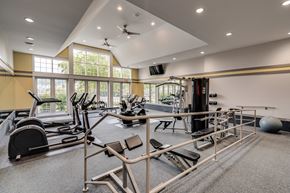 Belleville apartment for rent - A spacious gym with a variety of equipment including treadmills, weights, and a squat rack at Westlake Apartments, Michigan