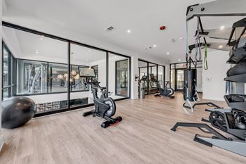 A gym with a variety of equipment including a stationary bike, a treadmill, and a rowing machine.