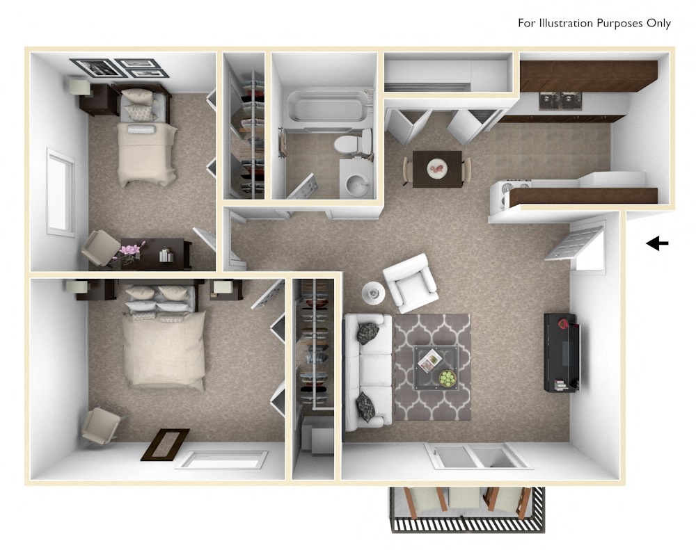 Floor plan for 2 beds, 1 bath, 705 sqft