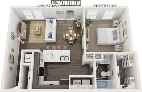 Floor plan for 1 bed, 1 bath, 796 sqft
