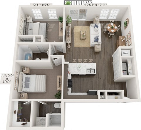 Floor plan for 2 beds, 2 baths, 1054 sqft