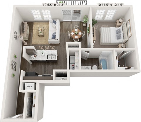 Floor plan for 1 bed, 1 bath, 738 sqft